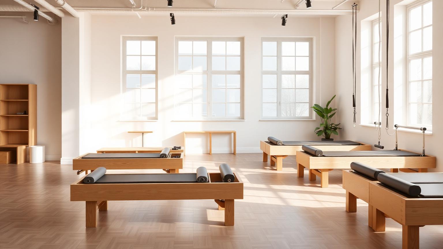 Een lichte, moderne Reformer Pilates studio met eikenhouten reformers, in perfecte staat voor de eerste leden na een succesvolle presale campagne.