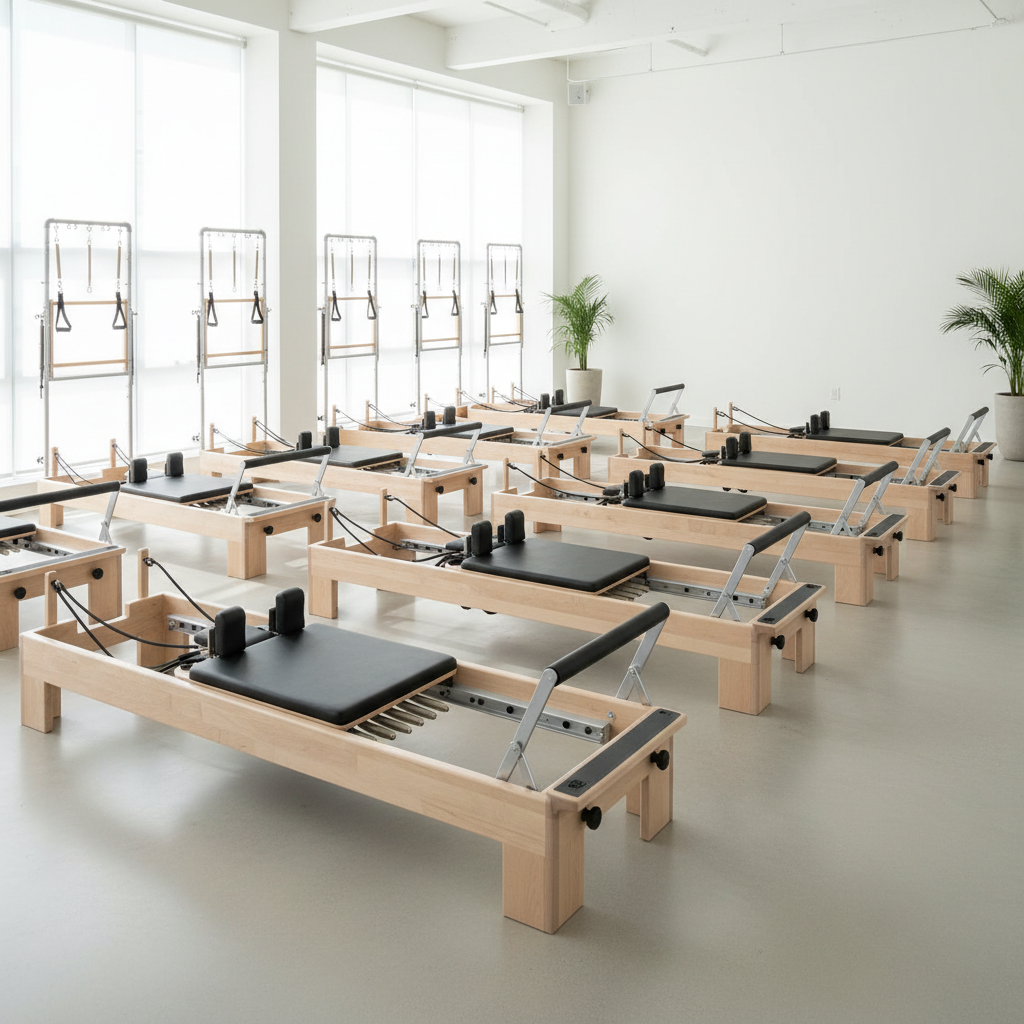 Lichte en moderne reformer pilates studio met houten apparatuur klaar voor een les